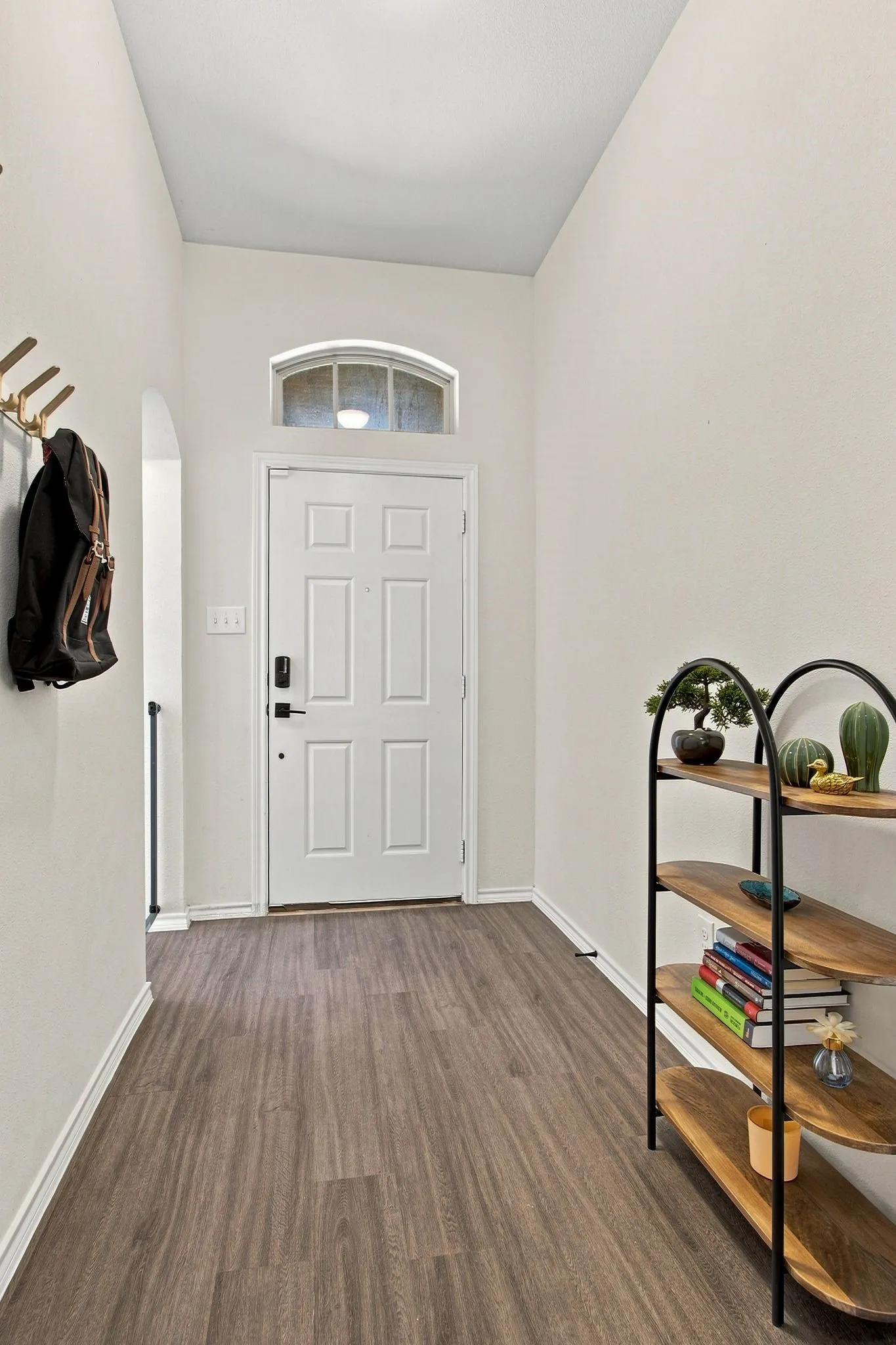 Arched transom window, paneled entry door, and wide plank LVP flooring