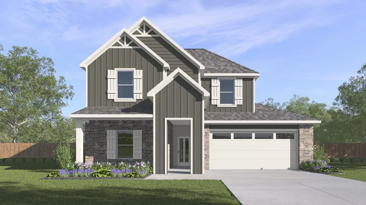 Two-story residence featuring a combination of vertical siding, brick, and stone facade