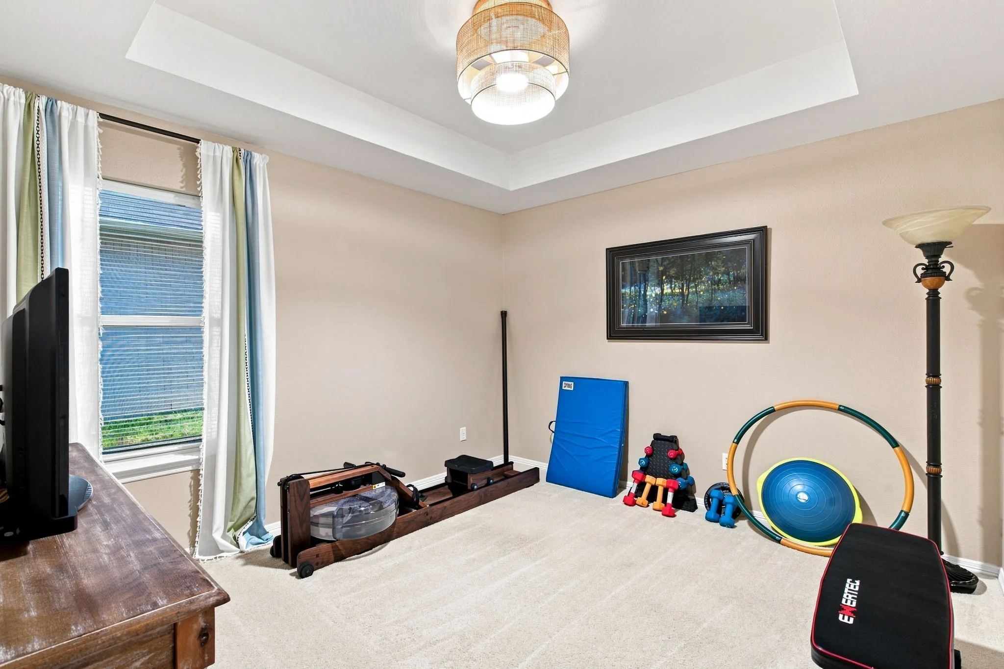Spacious bonus room featuring neutral carpeting, recessed ceiling detail with skylight, large window with natural light, and ample square footage ideal for recreation or storage