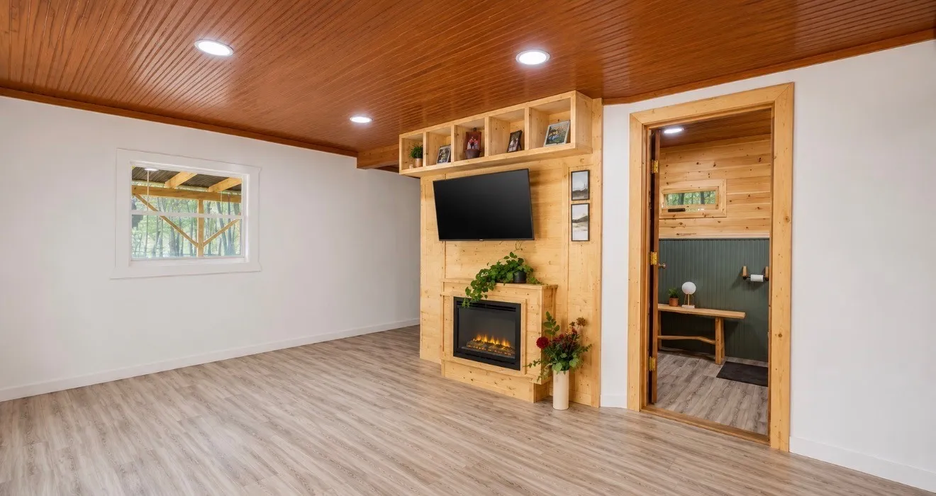 Wood-finish ceiling and flooring, integrated electric fireplace, built-in shelving, and recessed lighting