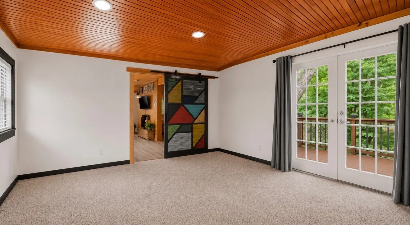 Wood-plank ceiling with recessed lighting