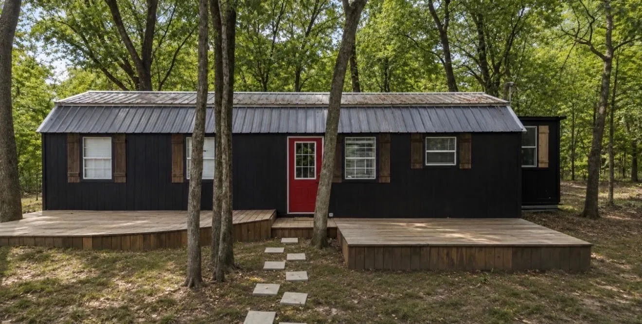 Black vertical siding with a red entrance door, complemented by a metal roof