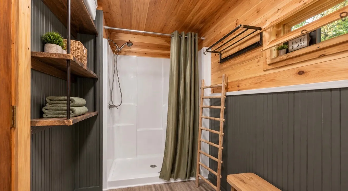 White shower stall with a chrome shower head and curtain rod