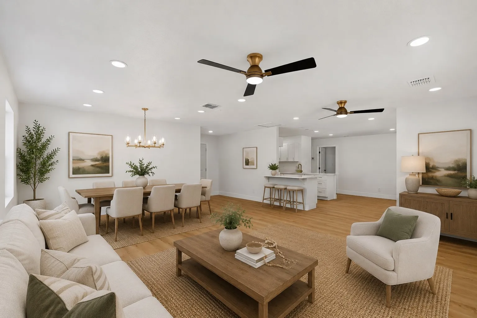 Virtually staged recessed lighting throughout, wood-finish flooring, modern ceiling fans with brass accents, white kitchen cabinetry, and an island with bar seating