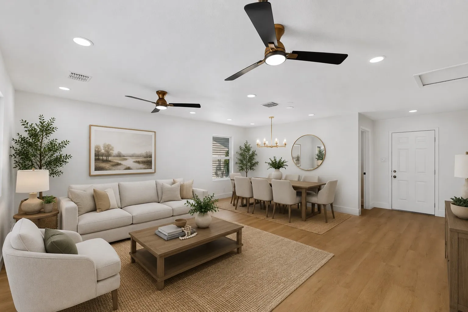 Virtually staged open-concept living and dining area featuring recessed lighting, wood-finish flooring, and multiple ceiling fans