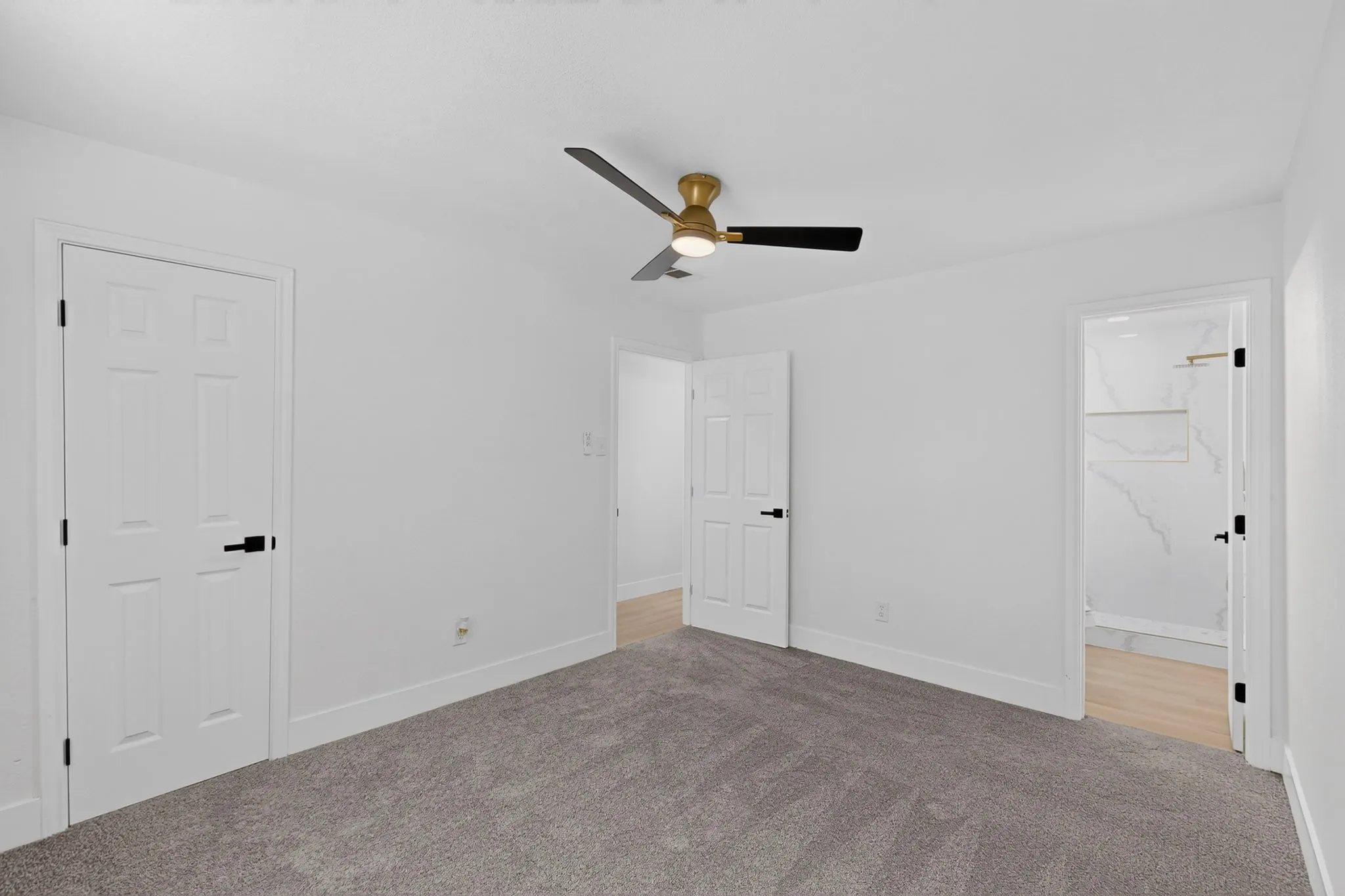 Spacious room featuring neutral carpeting, white walls, a ceiling fan with gold and black accents, and paneled doors with matte black hardware
