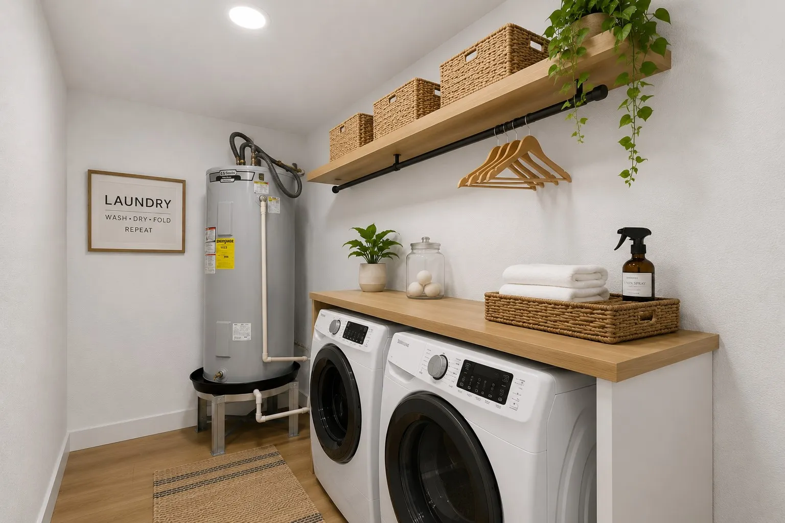 Virtually staged dedicated laundry area featuring a full-size washer and dryer, wood-finish countertop, and wall-mounted shelving with an integrated hanging rod