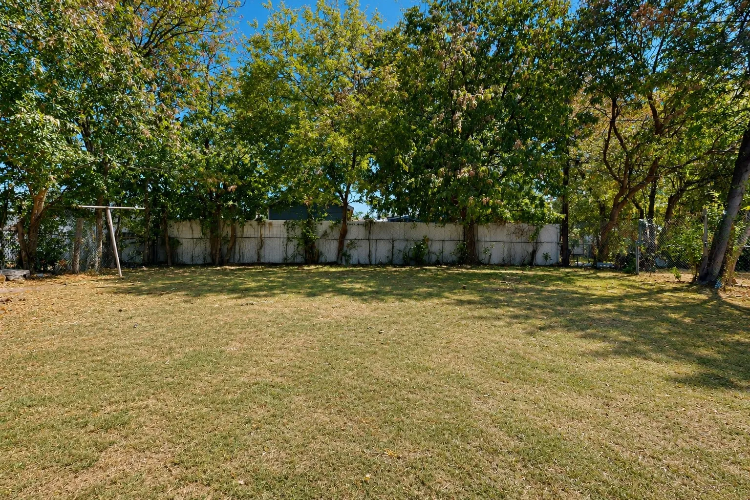 Expansive grassy yard with mature trees and a privacy fence