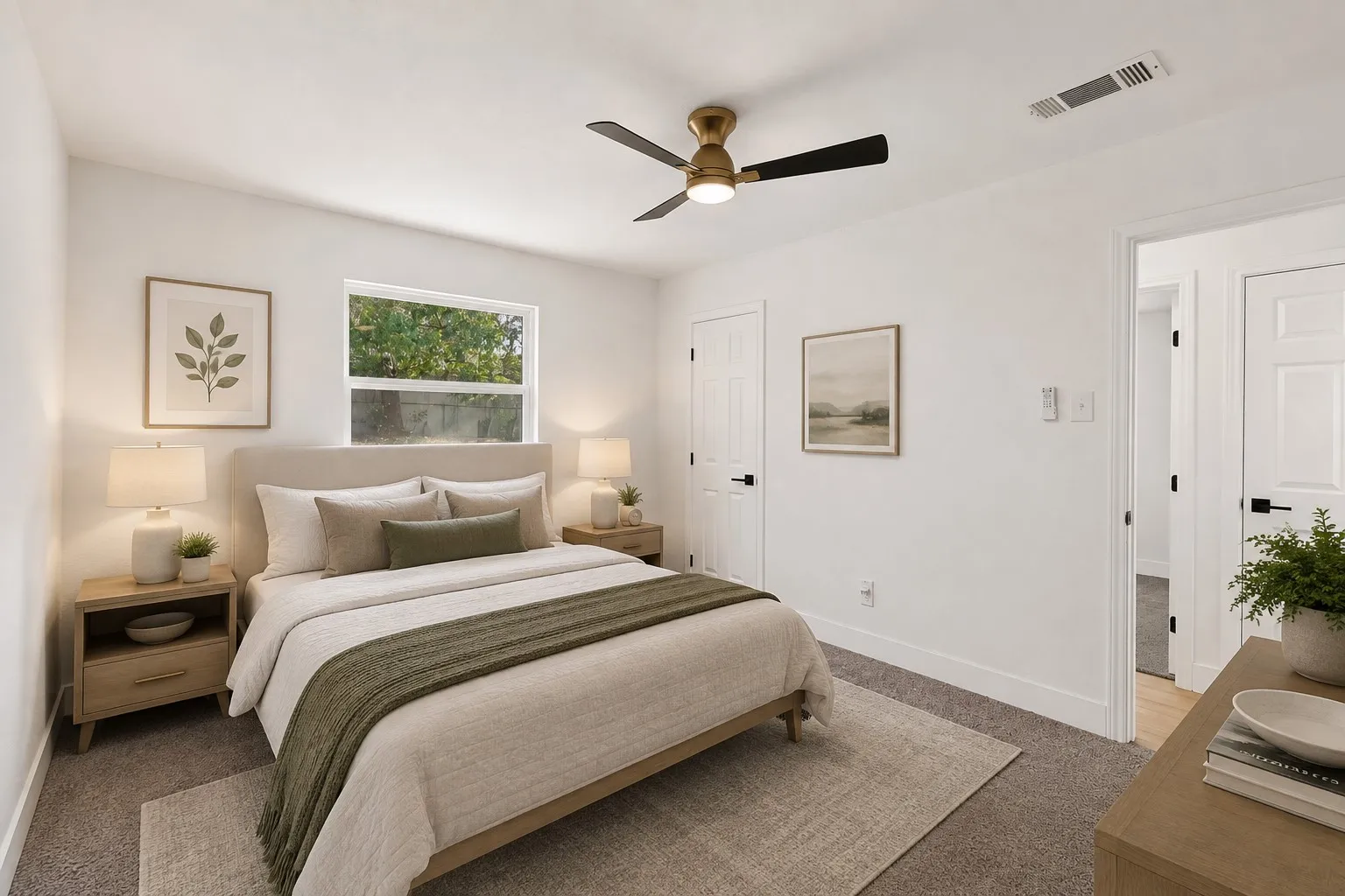 Virtually staged carpeted flooring, white walls, gold-finish ceiling fan with black blades, white paneled doors with black hardware, and a window with exterior views