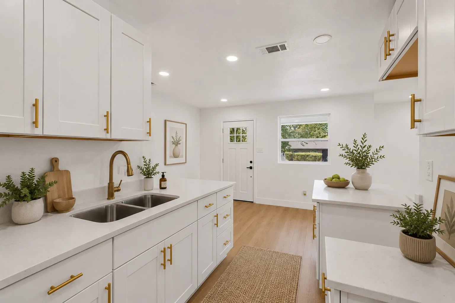 Virtually staged contemporary kitchen featuring white cabinetry with gold-tone hardware, a dual-basin stainless steel sink, and light-toned countertops