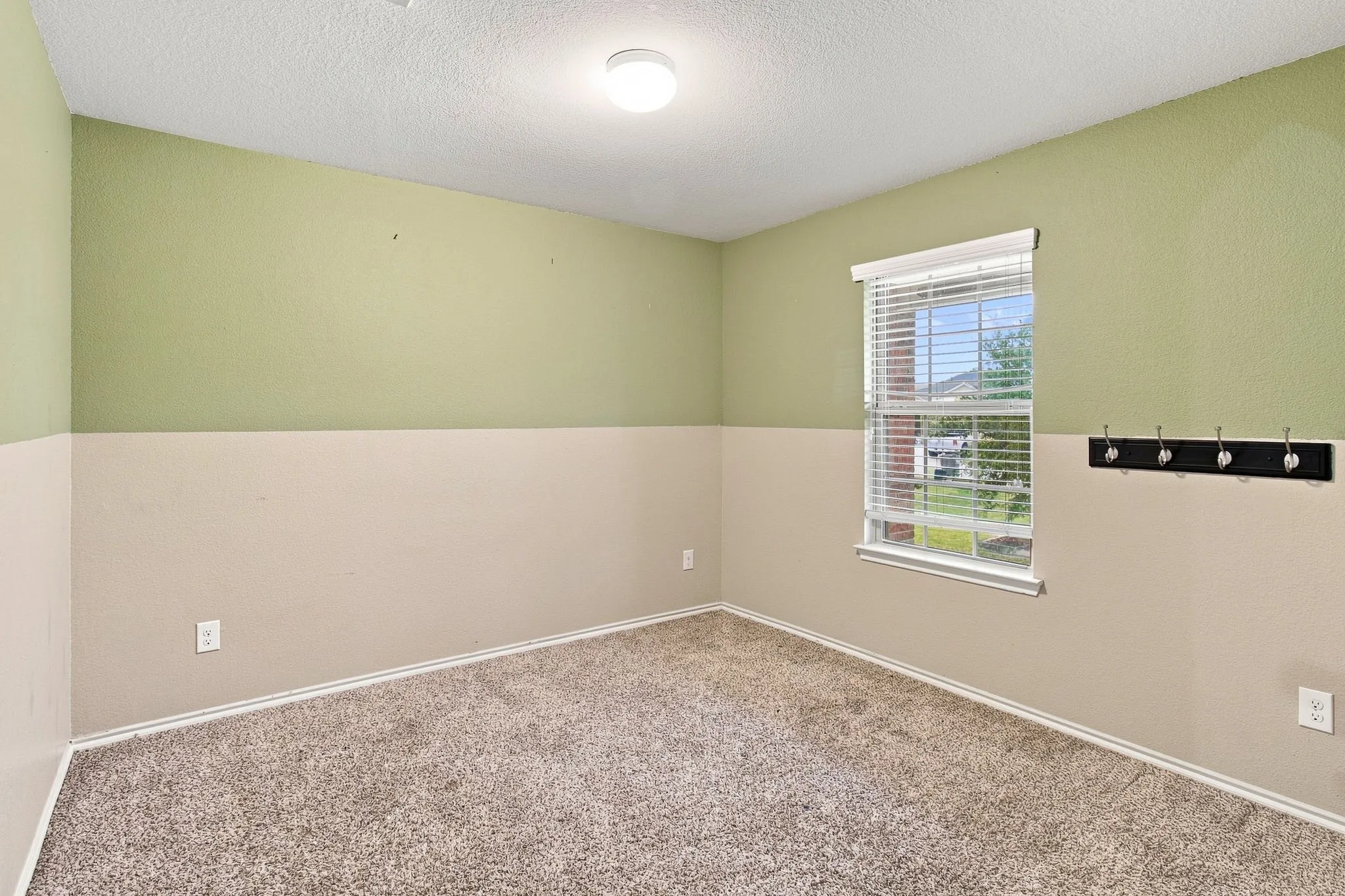 Carpeted room featuring a single window with blinds, a flush-mount ceiling light, and a wall-mounted coat rack