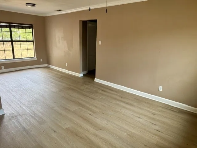 Wood-finish flooring, neutral wall paint, white trim, and a ceiling-mounted light fixture