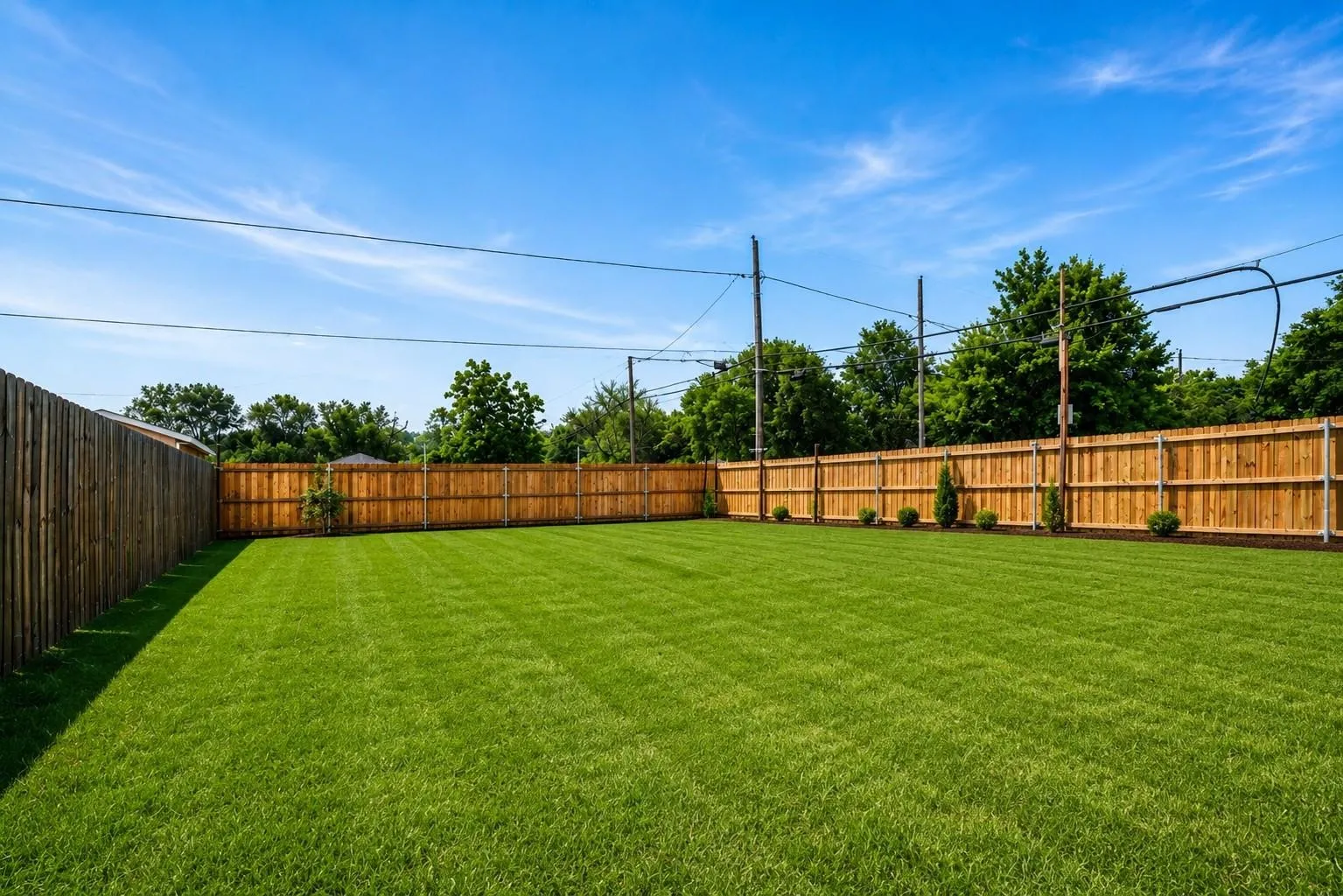 Expansive lawn area enclosed by a wood privacy fence