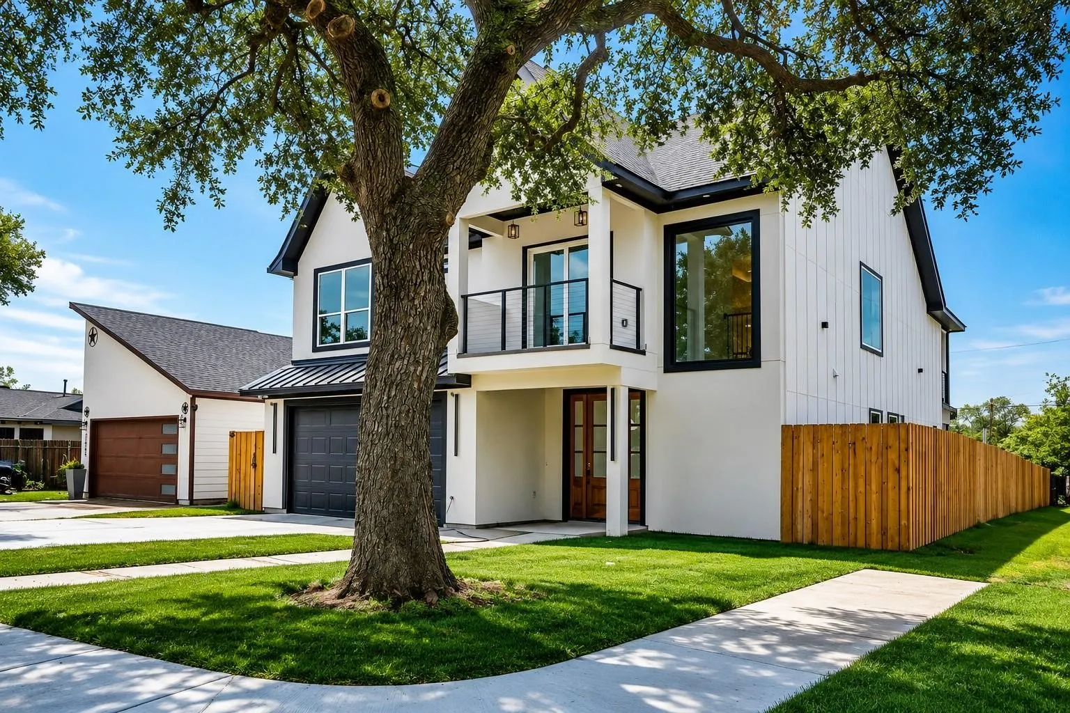 Modern white facade with black trim accents
