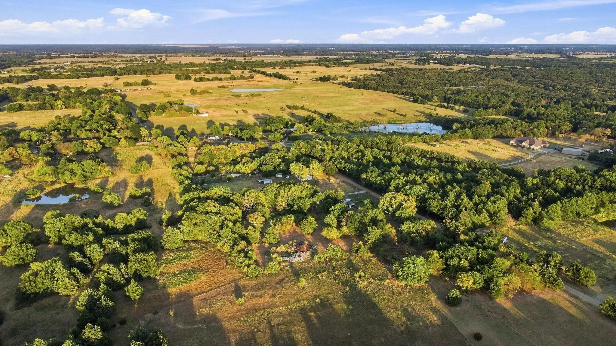 Expansive natural landscape featuring mature trees, open fields, and multiple water bodies