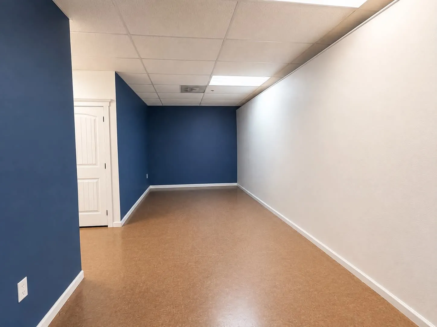 Drop ceiling with recessed lighting, two-tone painted walls, and durable flooring