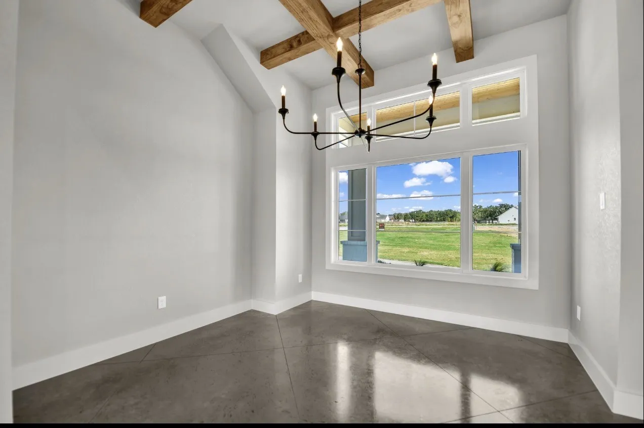 Vaulted ceiling with exposed wood beams
