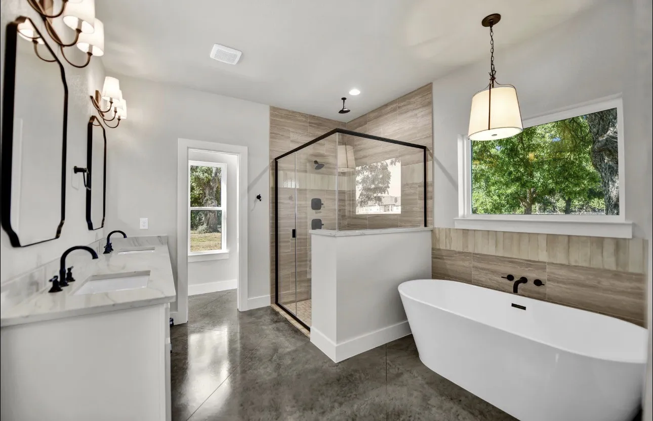 Dual vanity with marble-finish countertops and undermount sinks