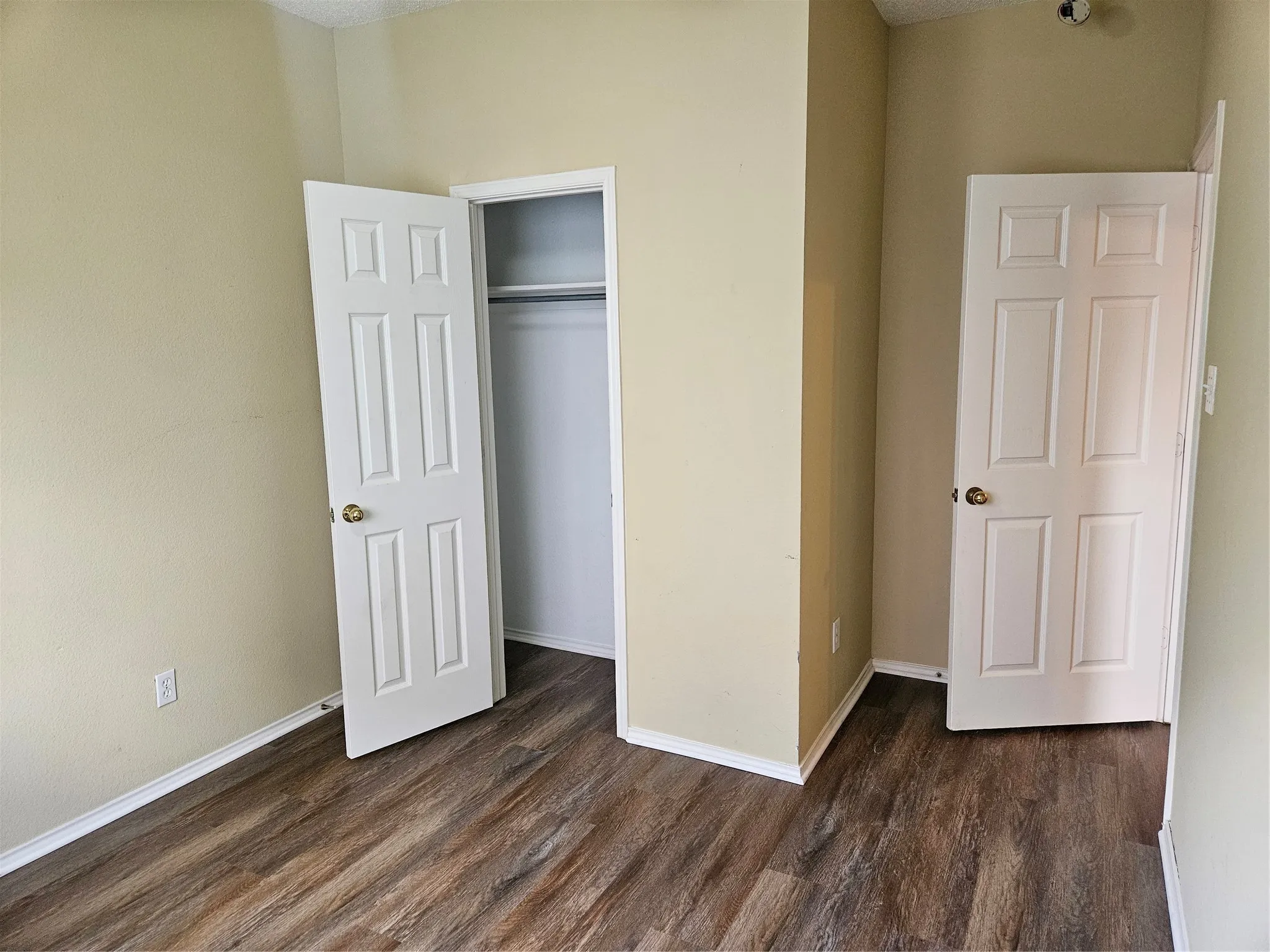 Spacious bedroom featuring warm neutral walls, wood-finish flooring, and dual reach-in closets with six-panel doors and brass hardware