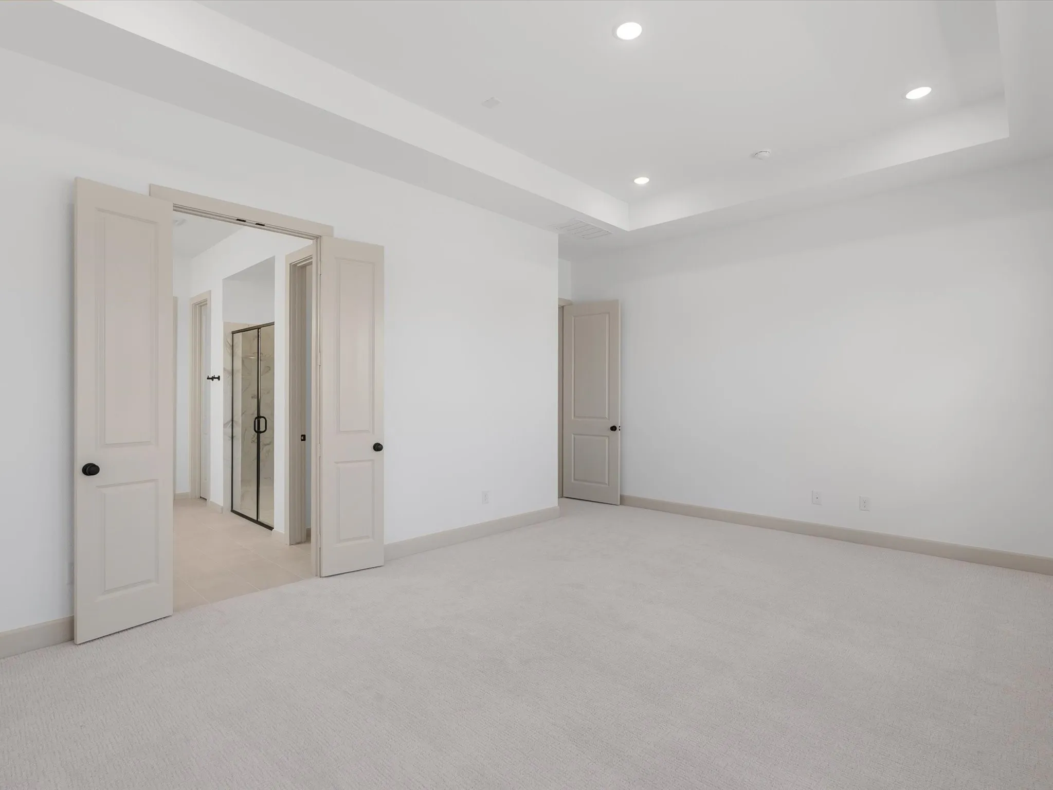 Primary Bedroom features Recessed lighting illuminating a tray ceiling, expansive windows, light-toned carpeting, and a neutral wall palette