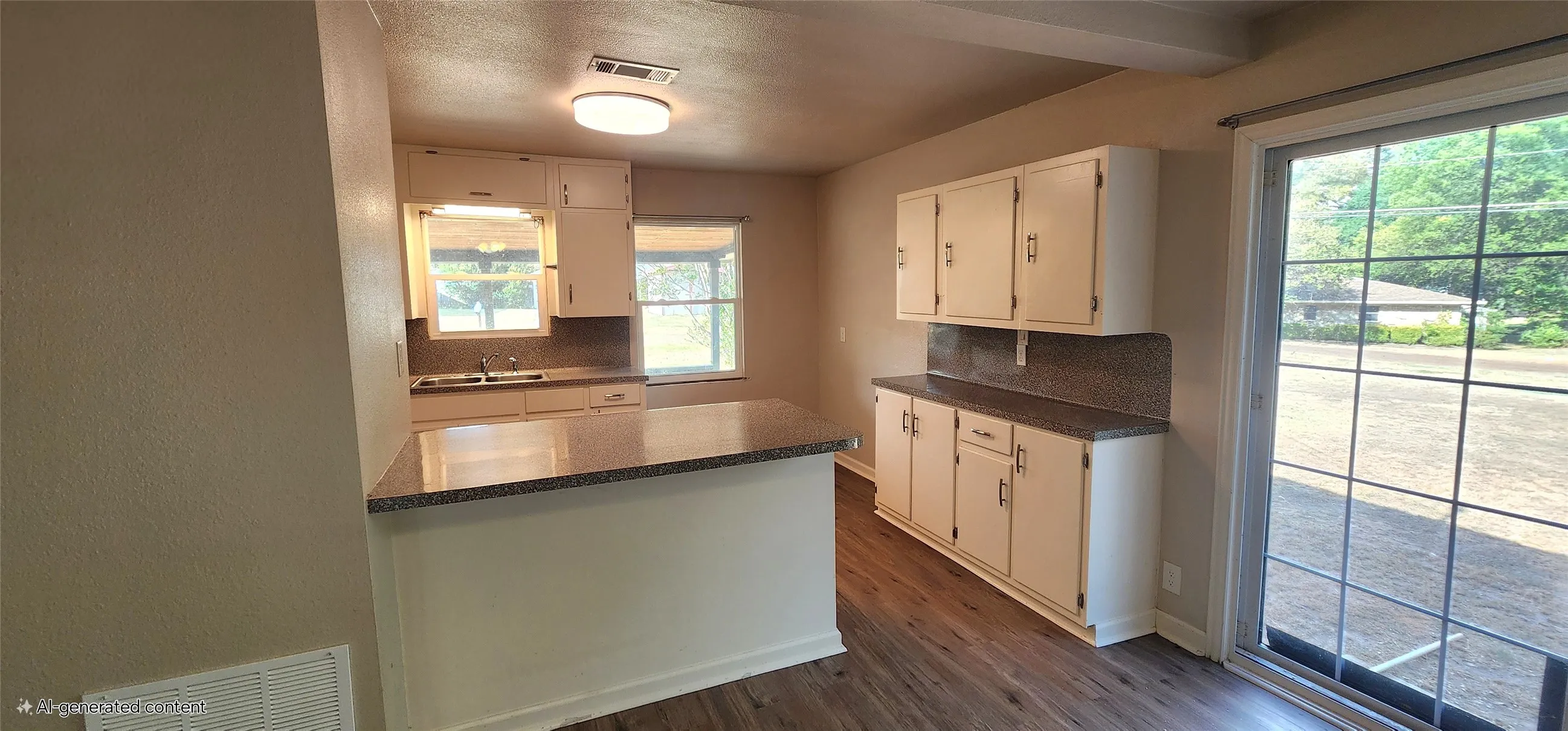 Kitchen featuring white cabinetry, a central island with a stone-finish countertop, vinyl flooring, and a sliding glass door