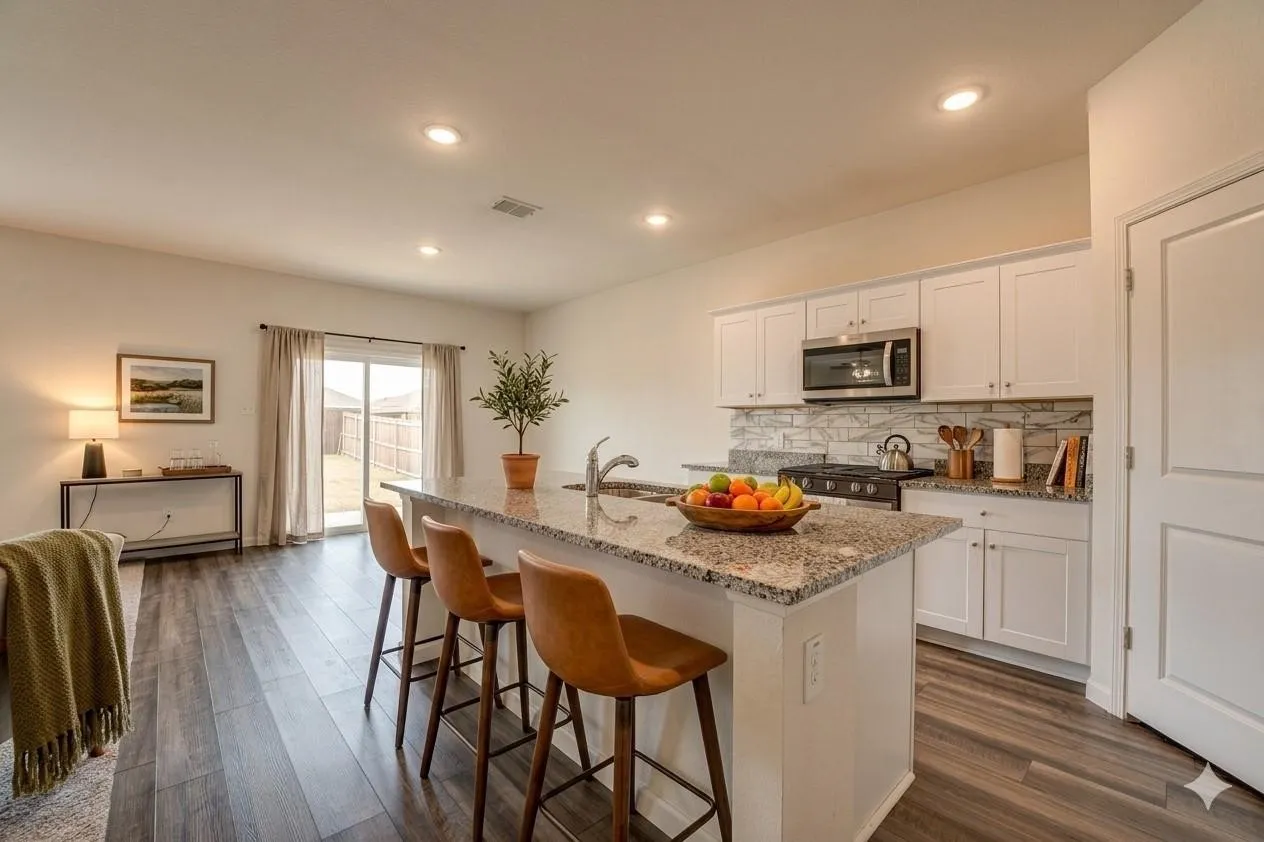 Kitchen island with granite countertop, stainless steel appliances, white cabinetry, wood-finish flooring, and recessed lighting