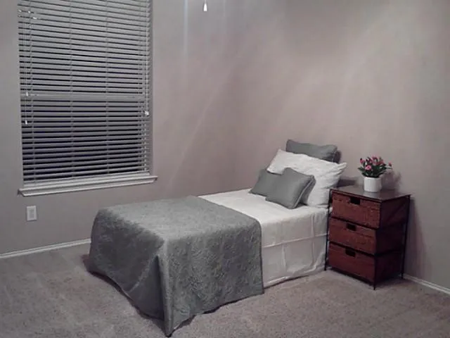 Cozy bedroom featuring neutral wall finishes, carpeted flooring, a horizontal-slatted window with blinds providing natural light, and a wooden nightstand with drawer storage
