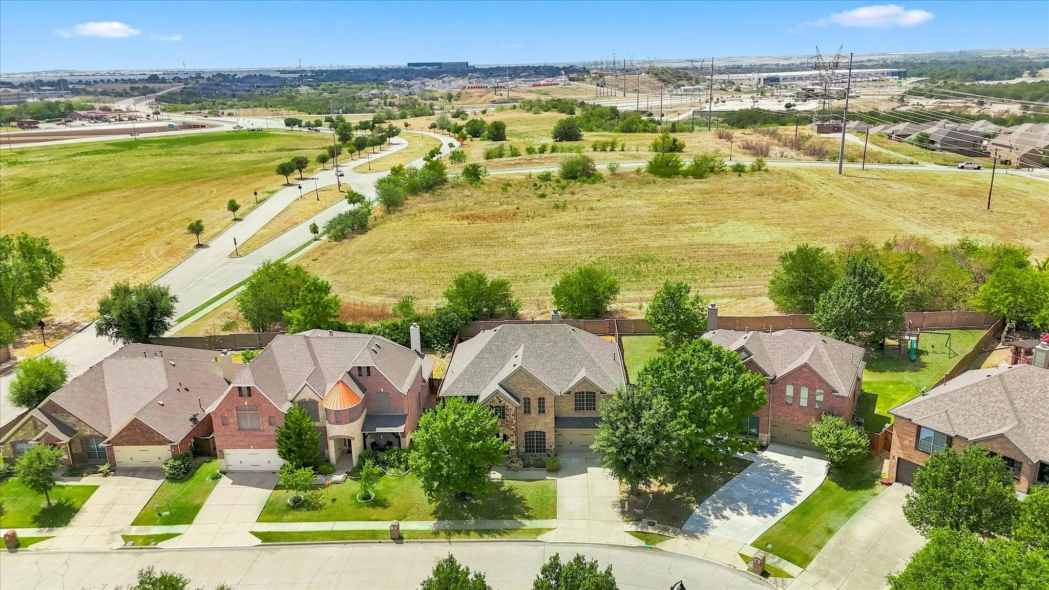 Residential street with multiple homes featuring brick and stone exteriors, attached garages, and mature landscaping