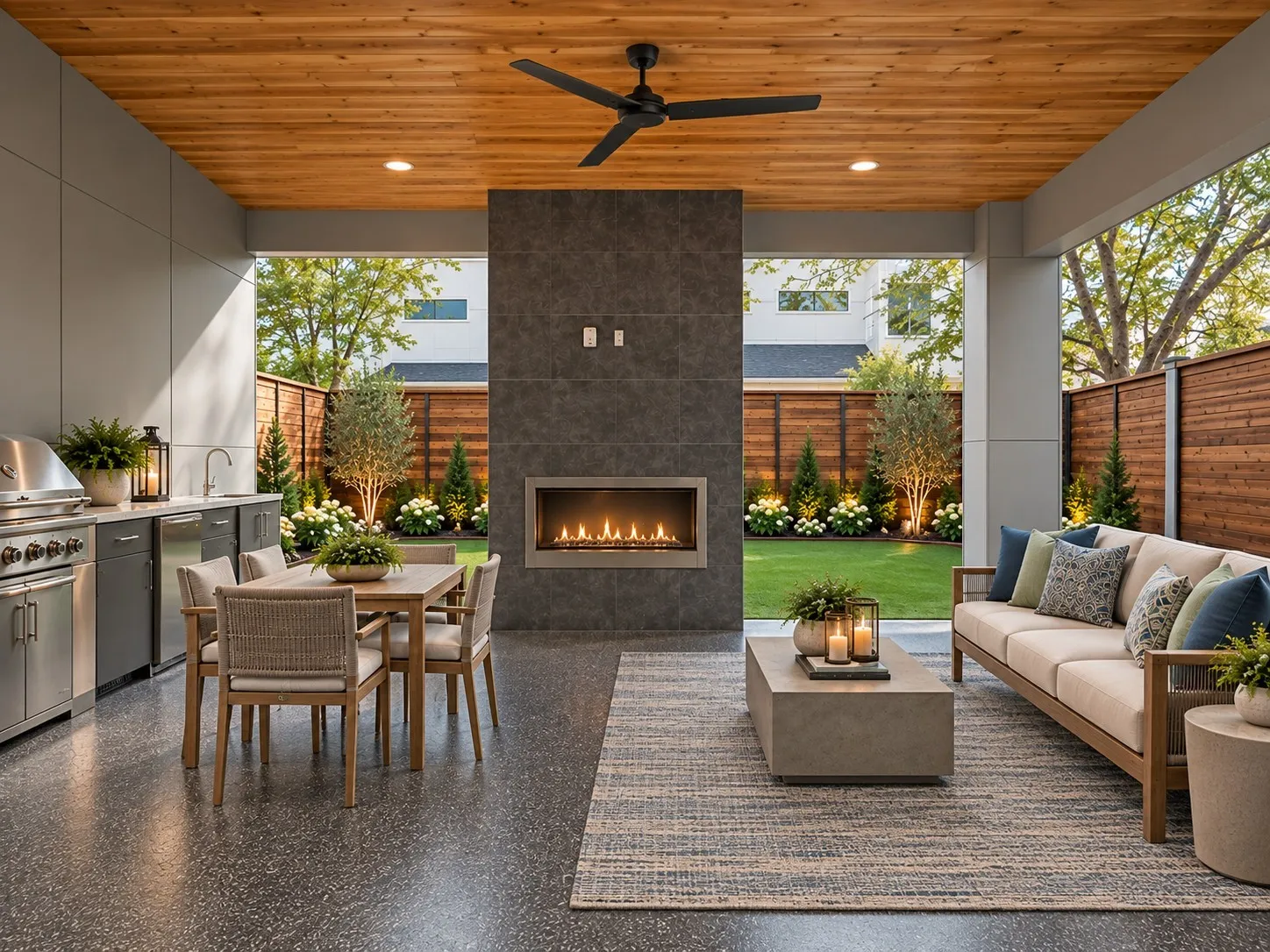 Can you see yourself enjoying the great outdoors?  This enhanced photo shows the addition of outdoor kitchen. Gas stub is in place for this. And the epoxy patio surface with the artificial grass makes this a low maintenance property.