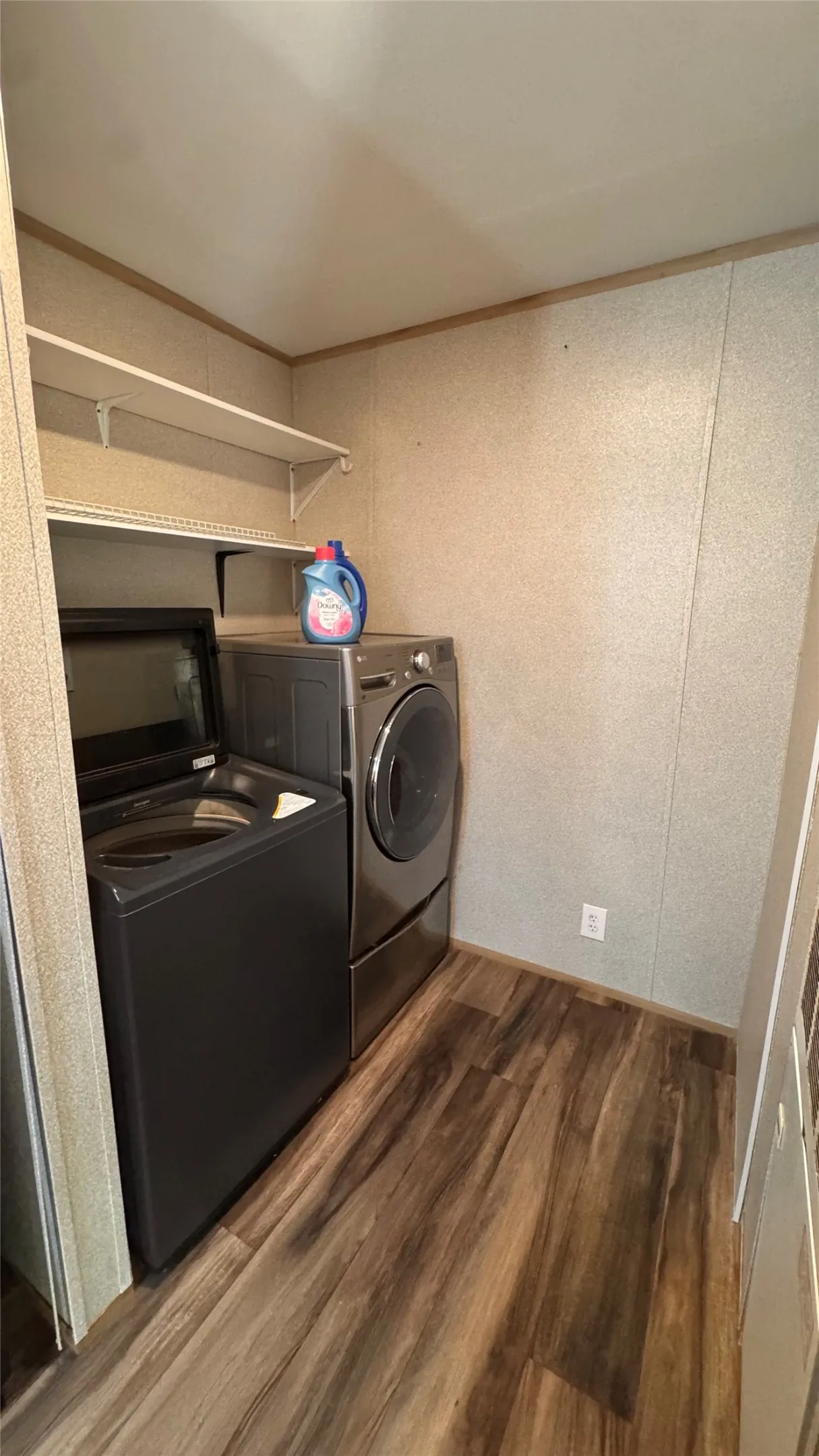 Wood-finish flooring with integrated shelving