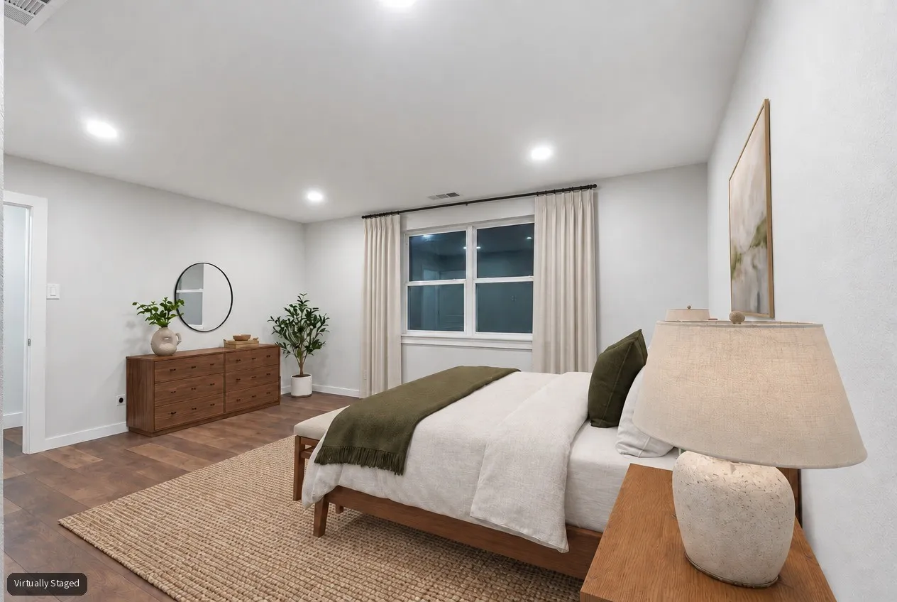 Virtually staged primary bedroom.
