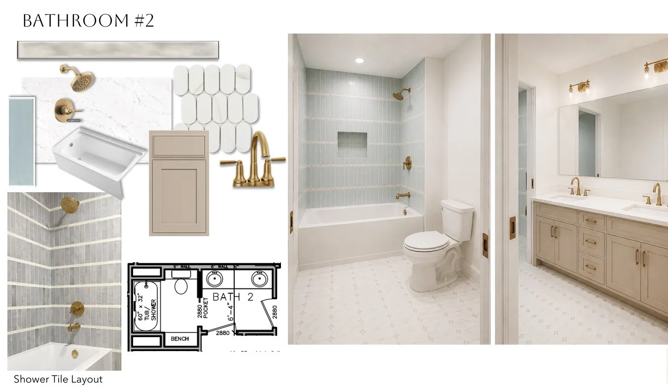Spa-inspired primary bathroom featuring a dual-vanity with brass fixtures, soft-close cabinetry, and quartz countertops