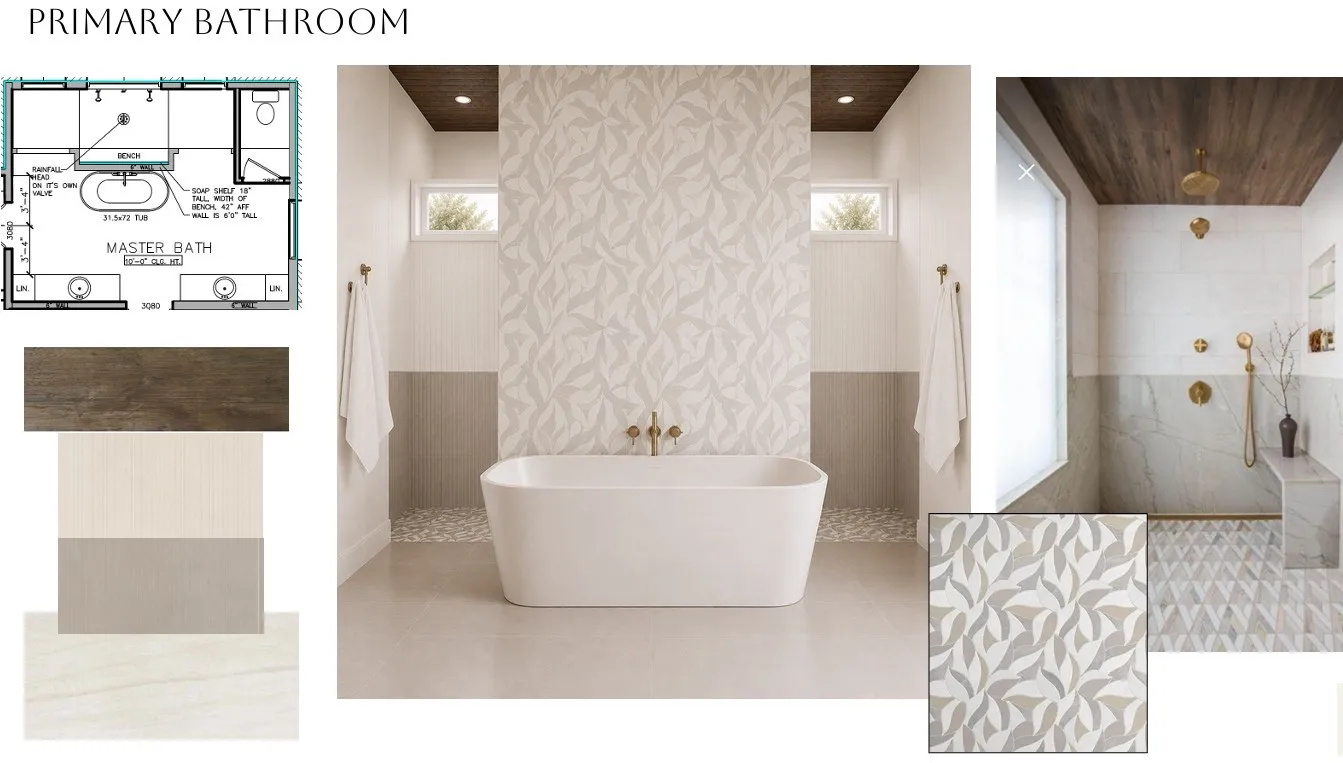 Freestanding soaking tub, floor-to-ceiling accent wall tile, wood-finish ceiling, and brushed brass fixtures
