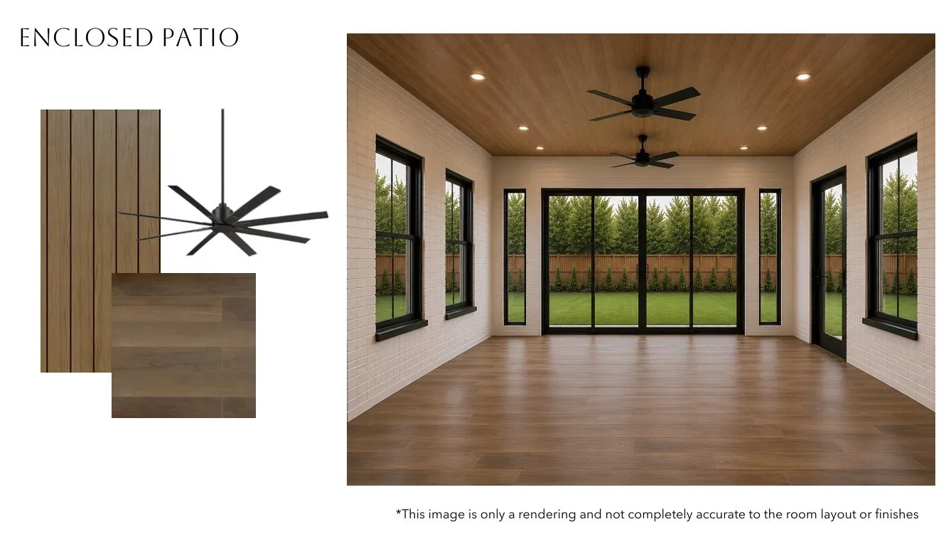 Wood-finish flooring, white brick-patterned walls, wood-paneled ceiling, recessed lighting, and black ceiling fans