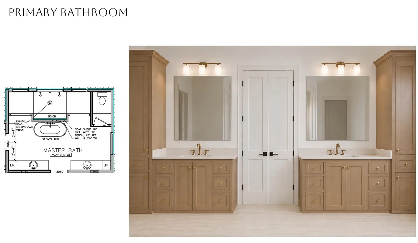 Dual vanity design with wood-finish cabinetry, integrated sinks, and polished countertops