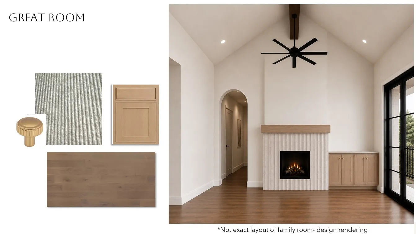Vaulted ceiling, wood-finish flooring, built-in fireplace, integrated cabinetry, arched doorway