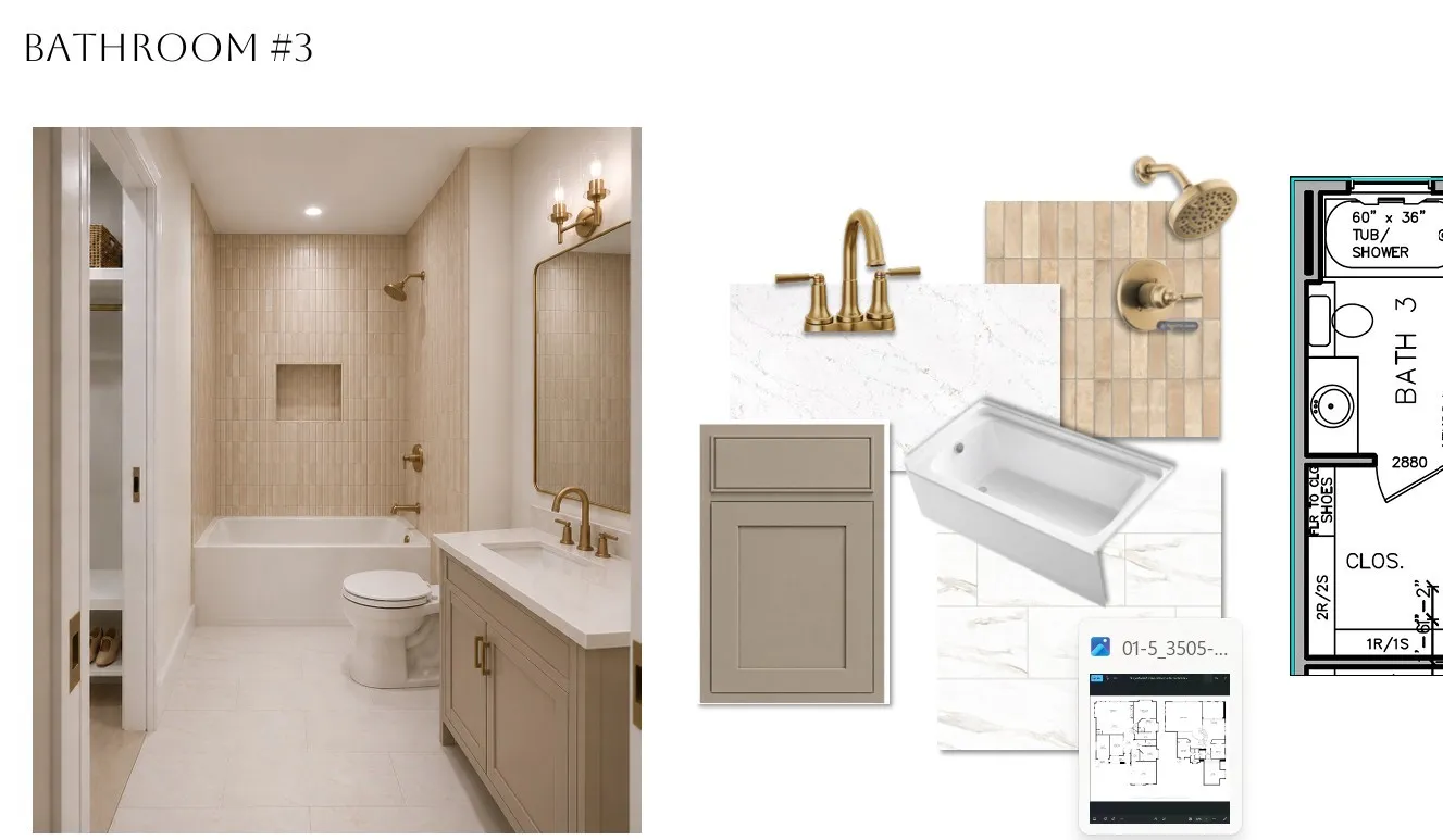 Spa-inspired bathroom featuring a walk-in shower with frameless glass enclosure and tile surround, dual vanity with soft-close cabinetry in a neutral finish, polished brass faucetry, and recessed lighting
