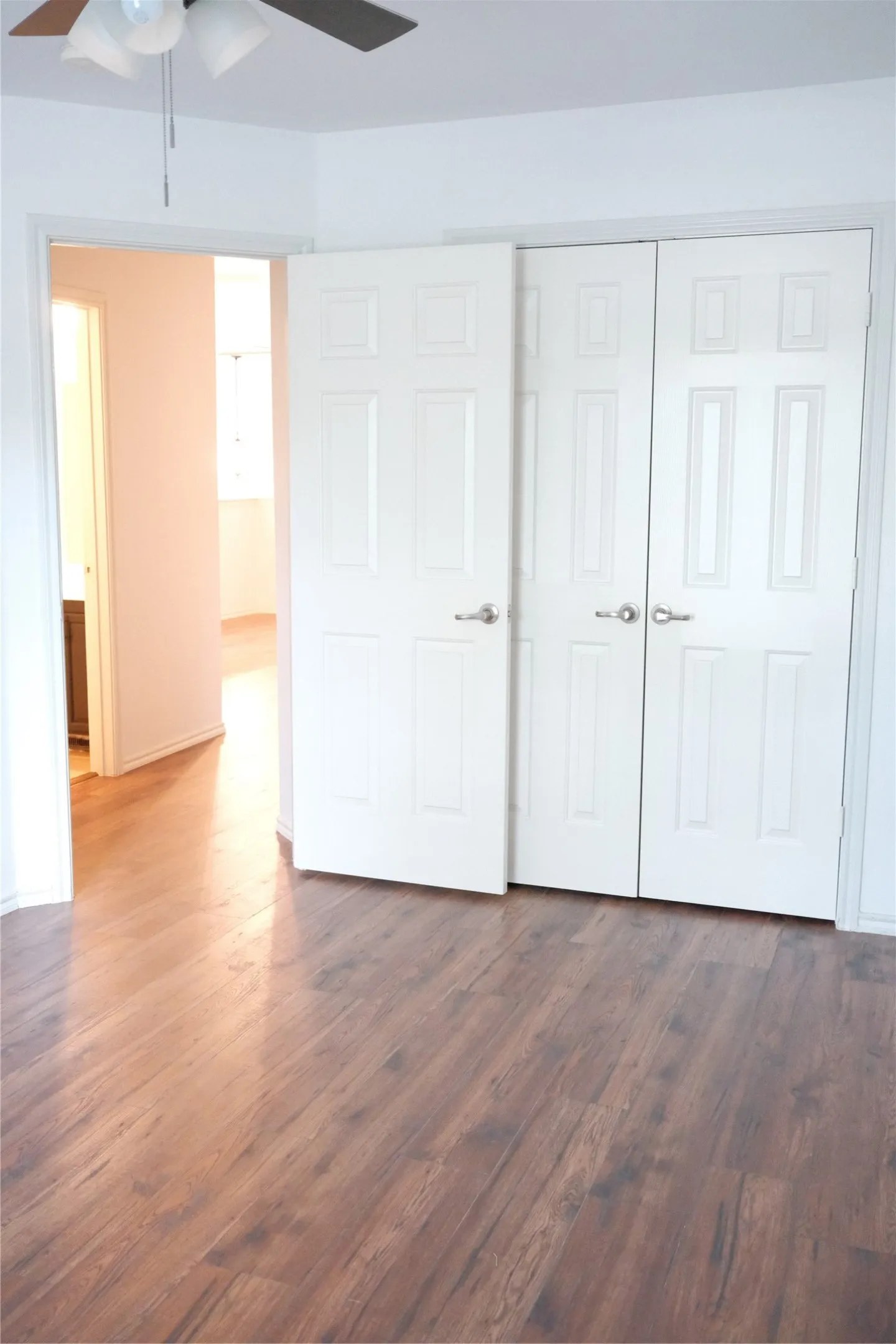 Wood-finish flooring, paneled white doors, ceiling fan with integrated lighting, and white walls