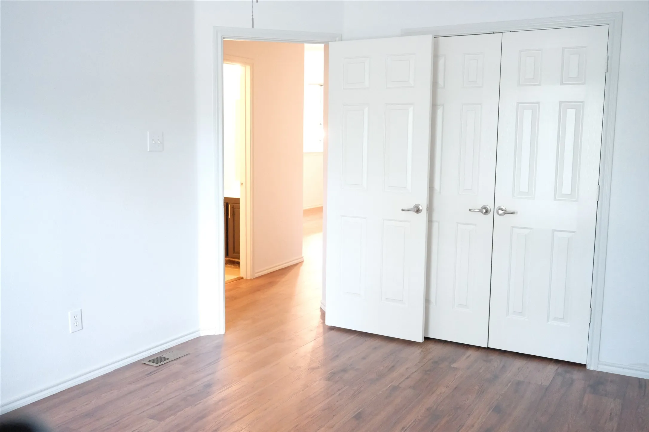 Wood-finish flooring, white paneled interior doors, and white walls