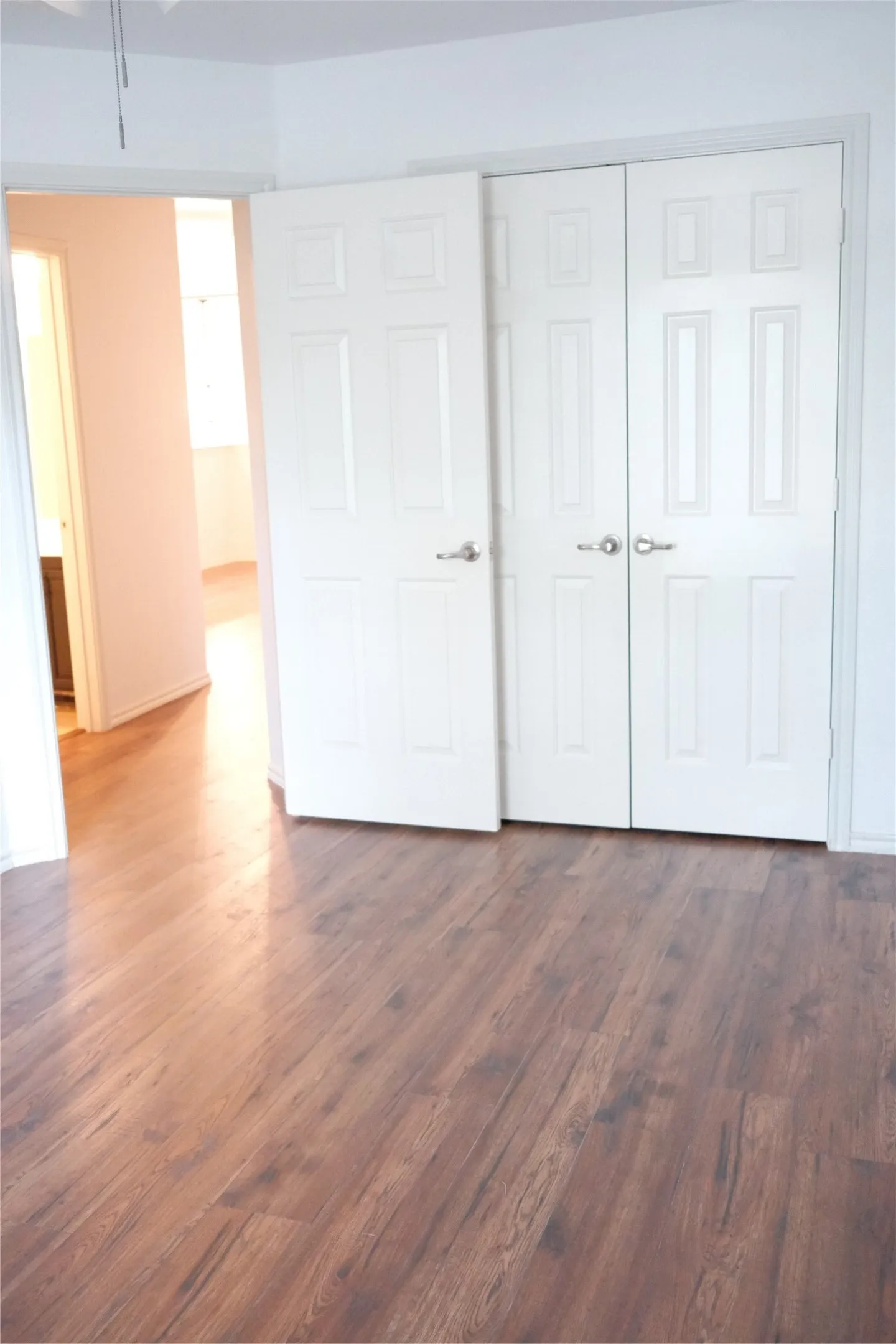 Wood-finish flooring throughout, bright white walls, and paneled closet doors with brushed nickel hardware