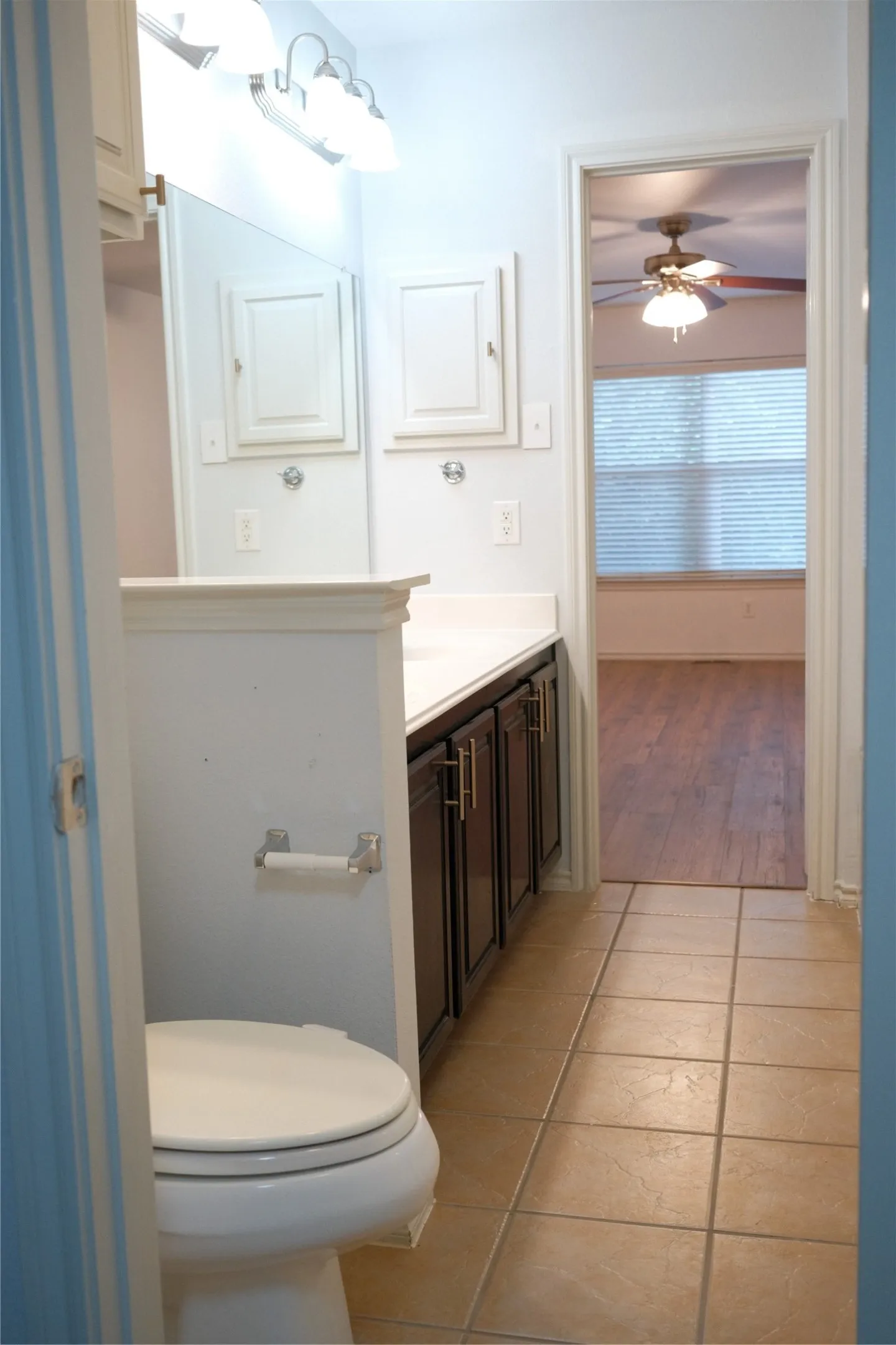 Bathroom vanity with dual sinks, dark wood-finish cabinetry, and built-in wall cabinets