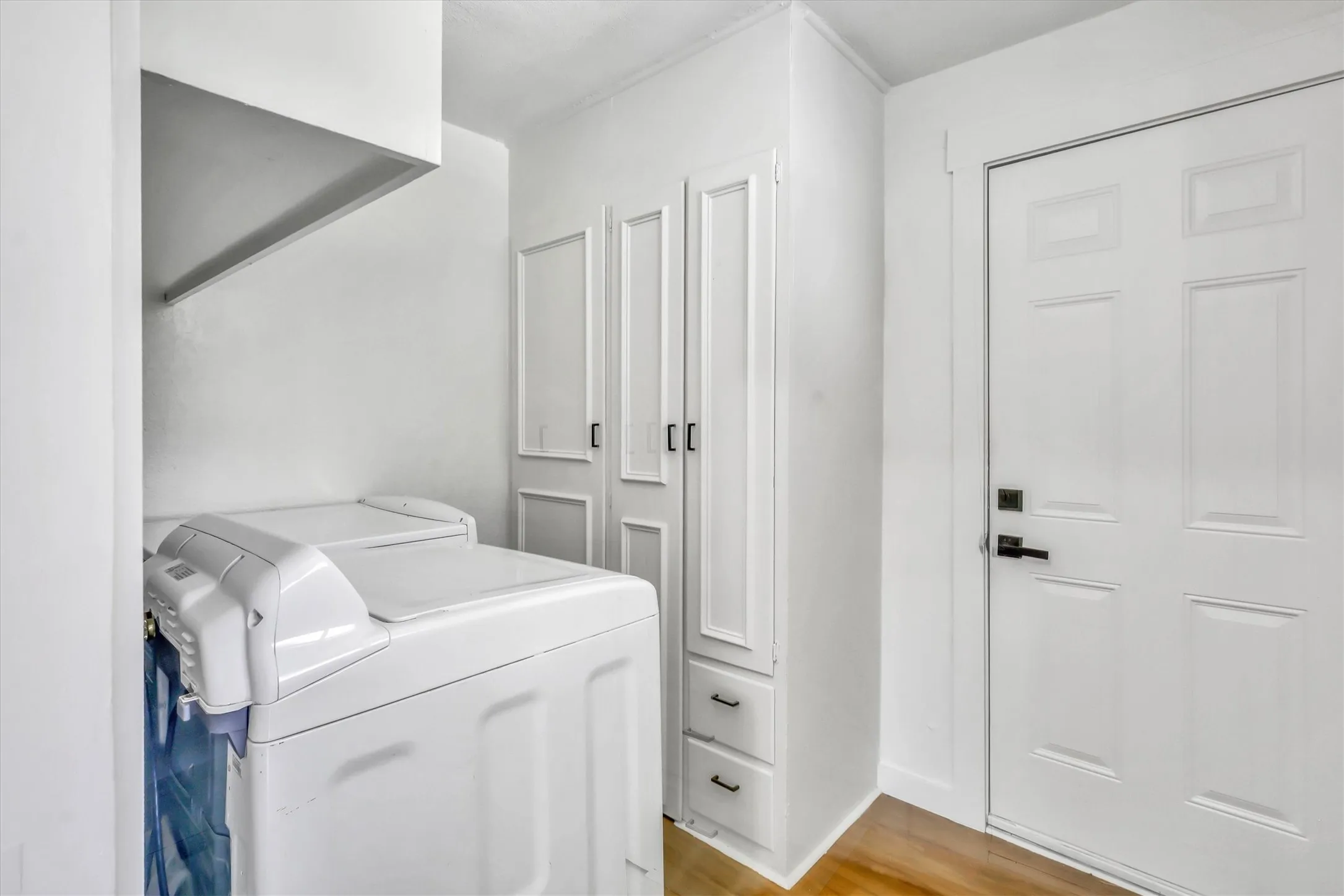 Hardwood-style flooring with a white paneled door and built-in storage cabinetry