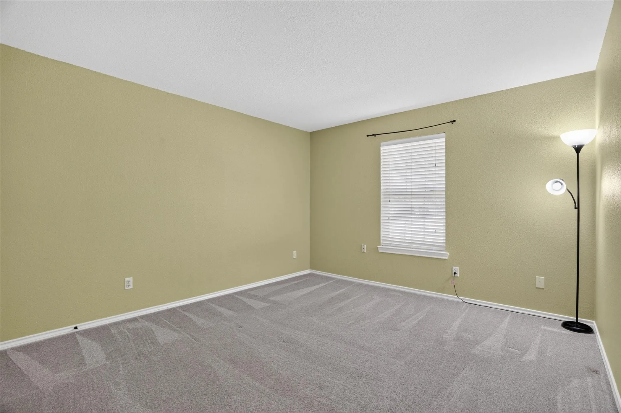Window with blinds, wall-to-wall carpeting, and neutral wall tones