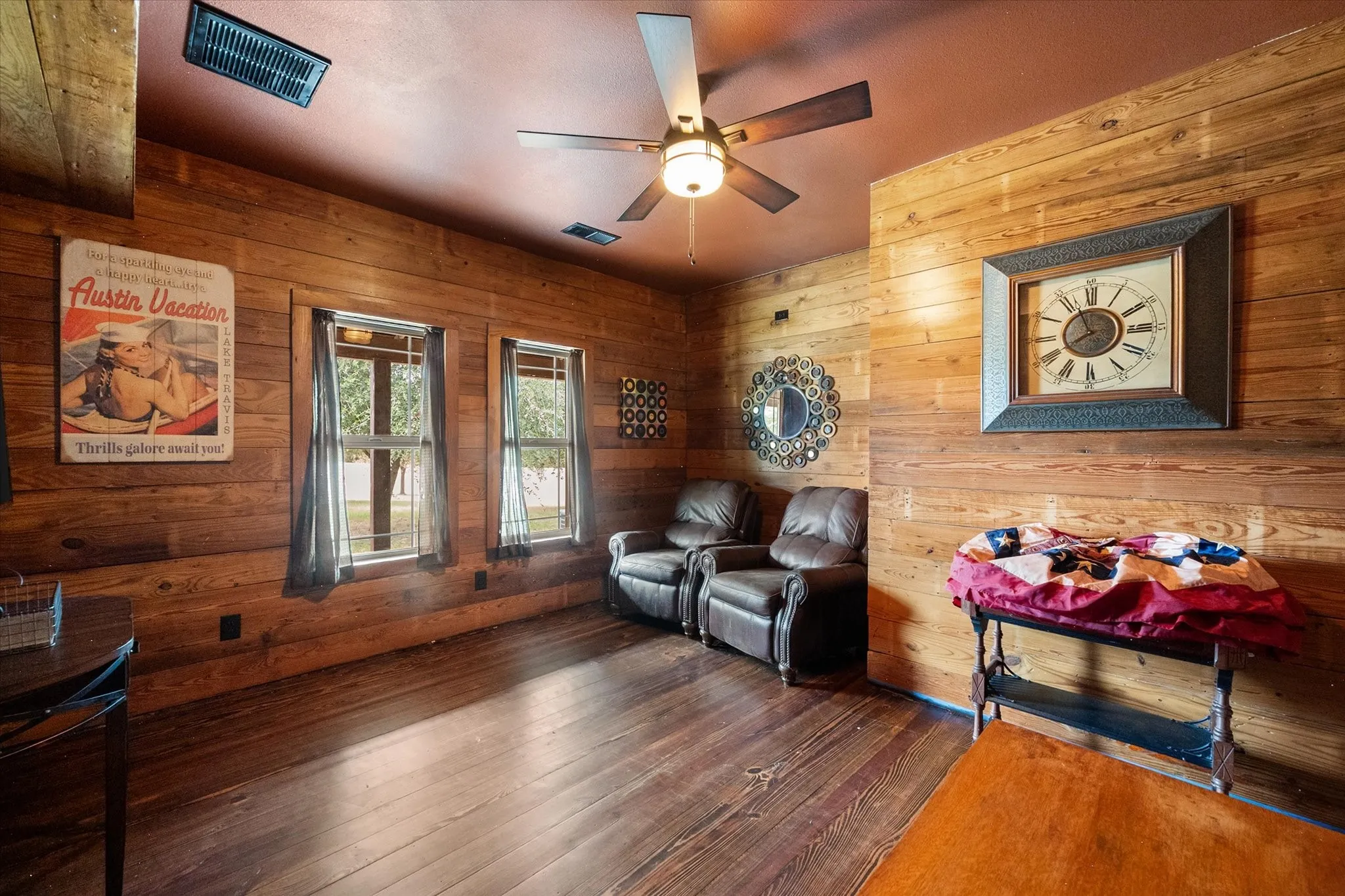 Wood-panel walls and rich wood-finish flooring