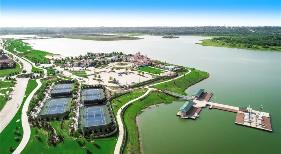 Aerial View of amenities, sailing center, boat slips, and lake