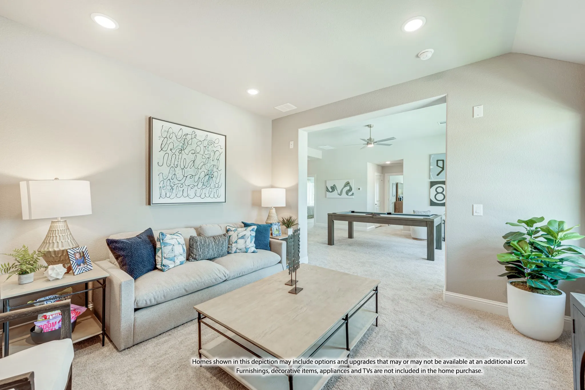 Recessed lighting, light gray wall paint, and neutral carpet flooring