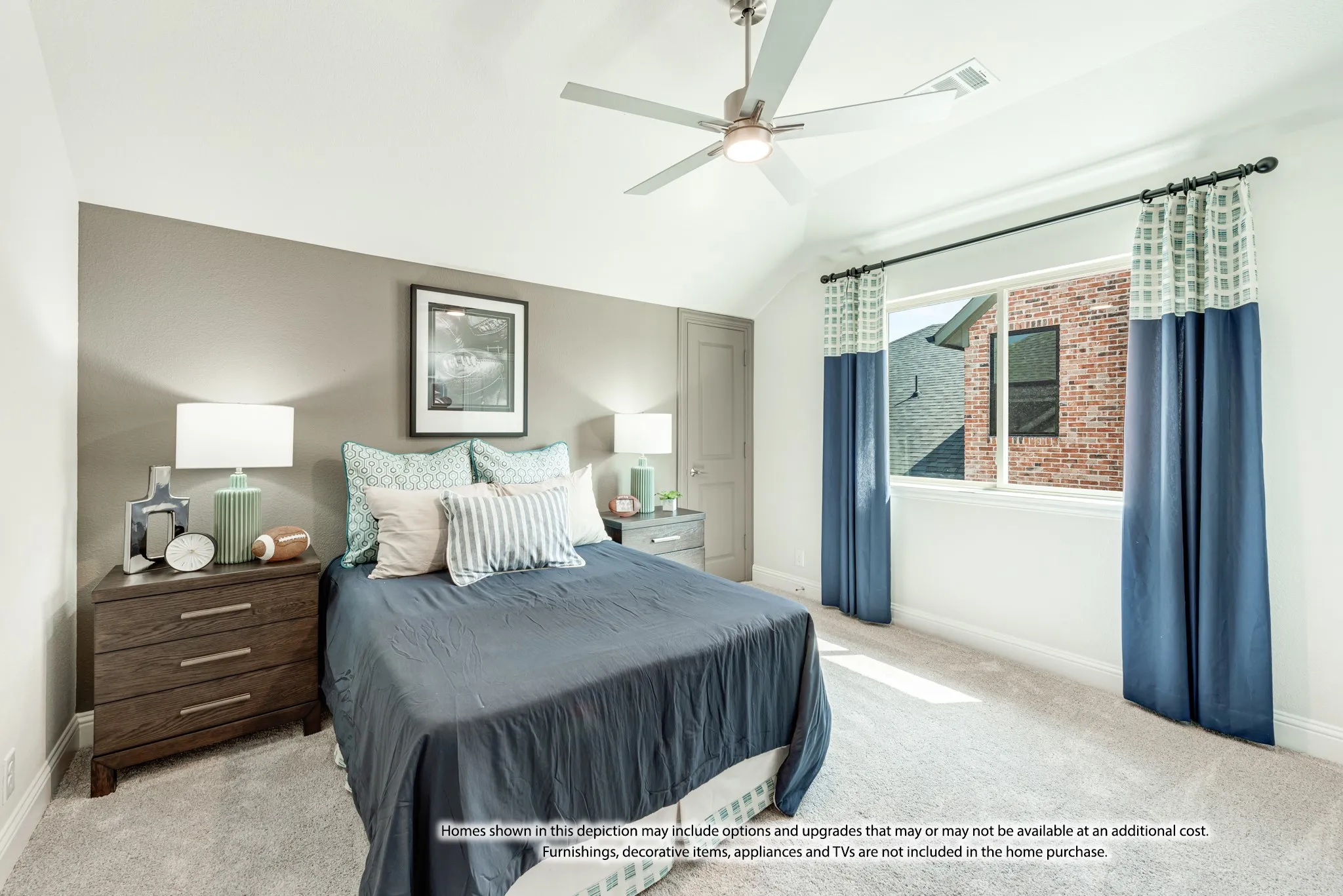 Sloped ceiling, ceiling fan with integrated lighting, large window, neutral-toned carpeting, and a built-in door