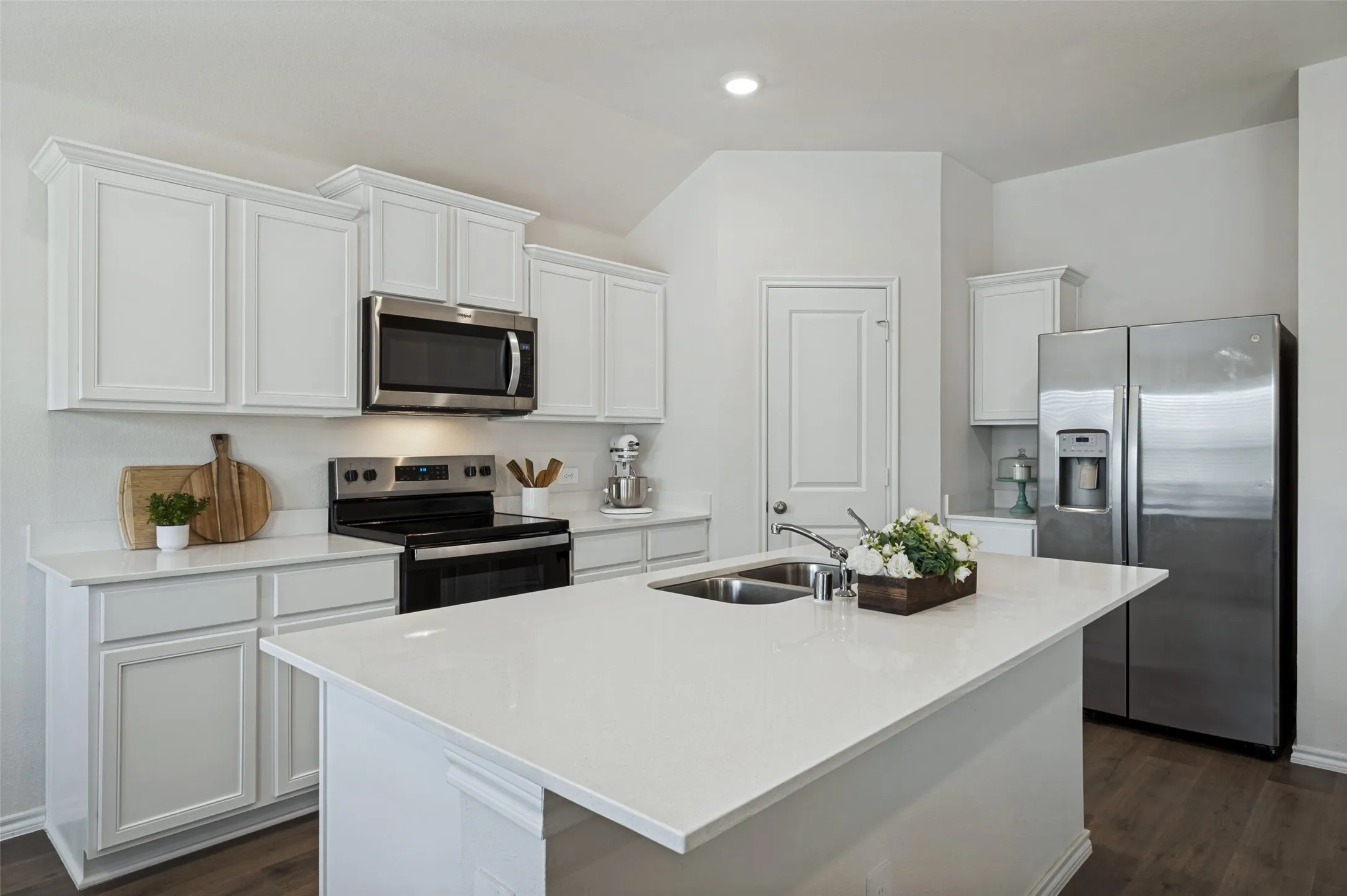 White kitchen with quartz counters and island!