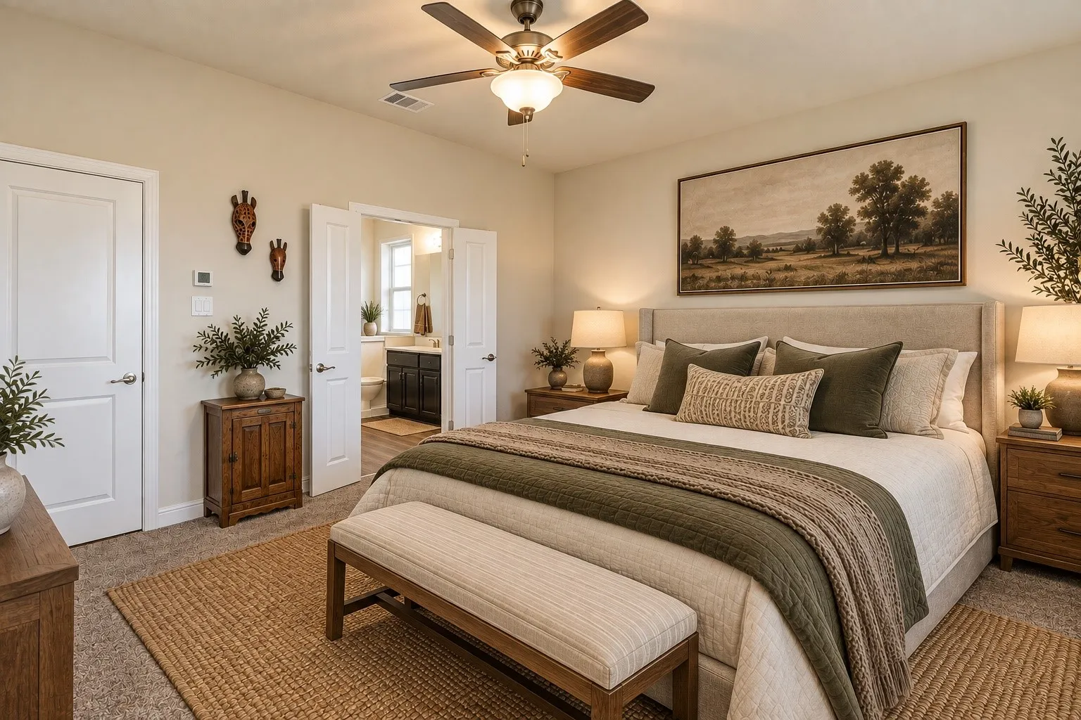 Recessed lighting with a ceiling fan, carpeted flooring, and white paneled doors