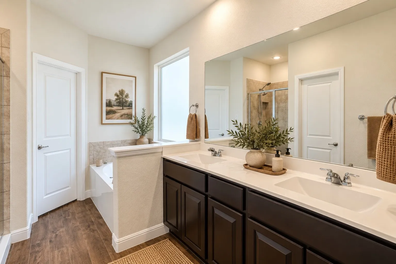 Dual vanity with undermount sinks, wood-finish flooring, a soaking tub with tiled surround, and a walk-in shower with glass enclosure